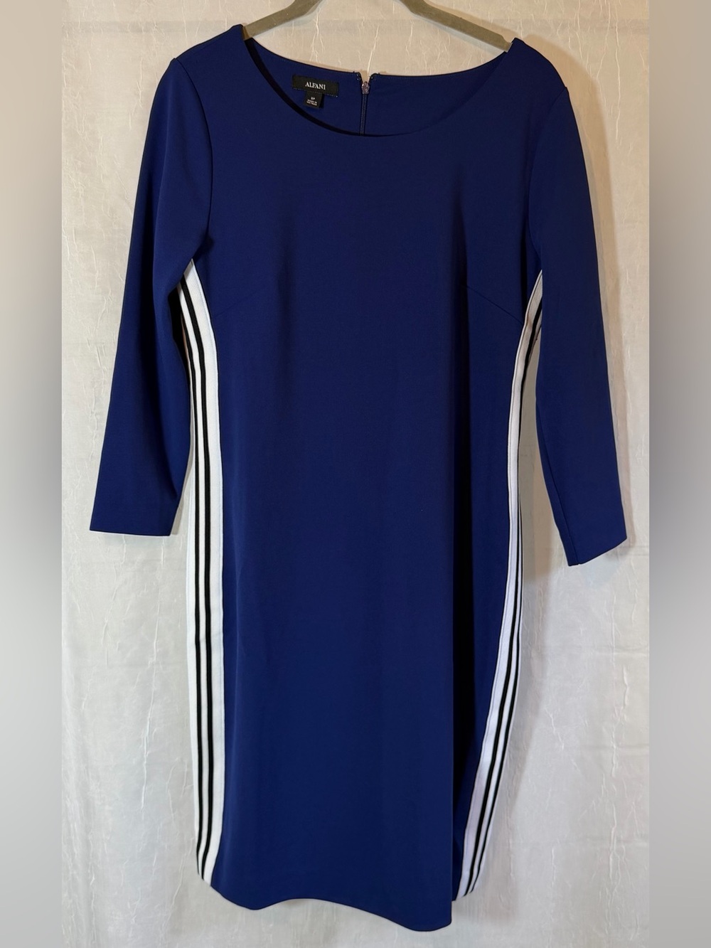Alfani Royal Blue Long Sleeve Sheath Dress with Black & White Side Stripes